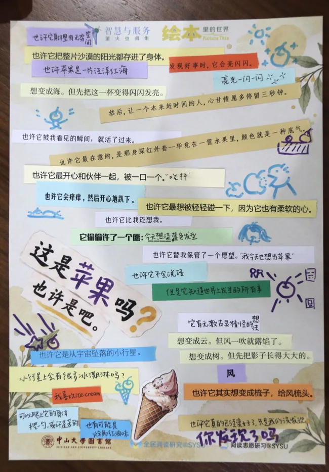 参与者作品：这是苹果吗？文字纸条、冰淇淋贴图与彩色手绘组成的丰富拼贴
