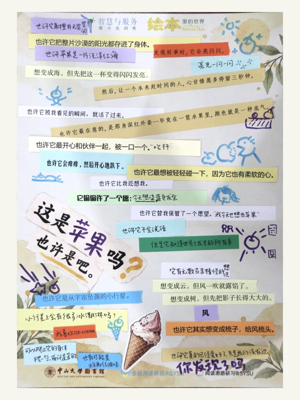 参与者作品:这是苹果吗?文字纸条、冰淇淋贴图与彩色手绘组成的丰富拼贴