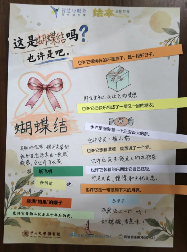 参与者作品：这是蝴蝶结吗？蝴蝶结、礼物盒、糖果与向纸面外伸展的文字纸条