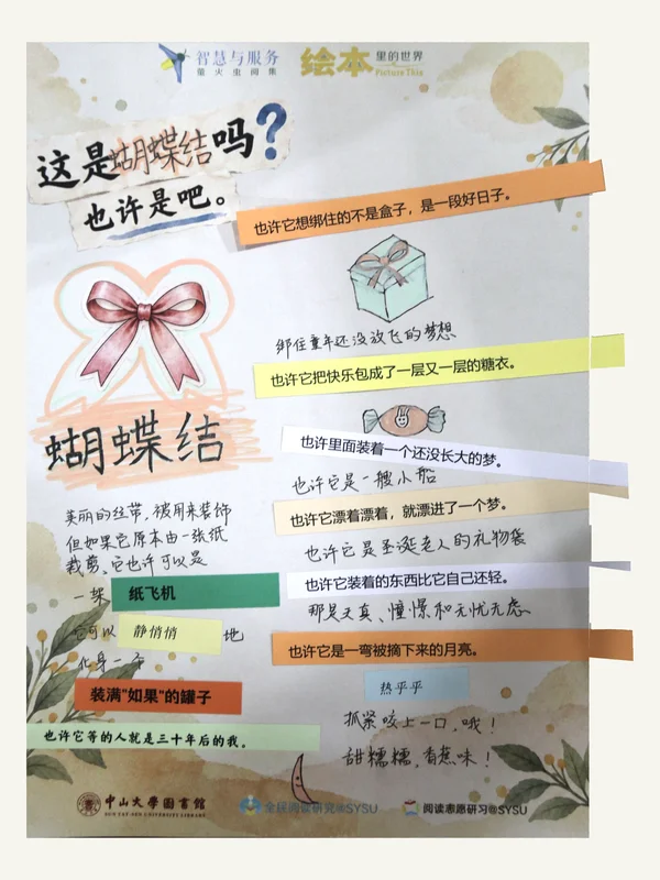参与者作品:这是蝴蝶结吗?蝴蝶结、礼物盒、糖果与向纸面外伸展的文字纸条