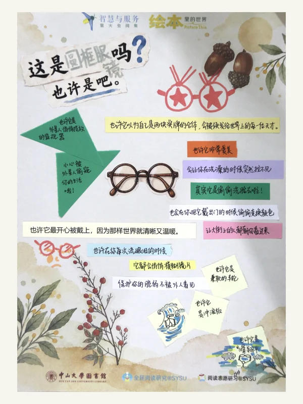 参与者作品:这是圆框眼镜吗?圆框眼镜、星星涂鸦、折纸与彩色文字纸条